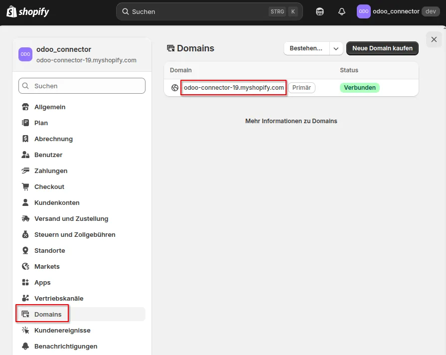 settings von Shopify Domains