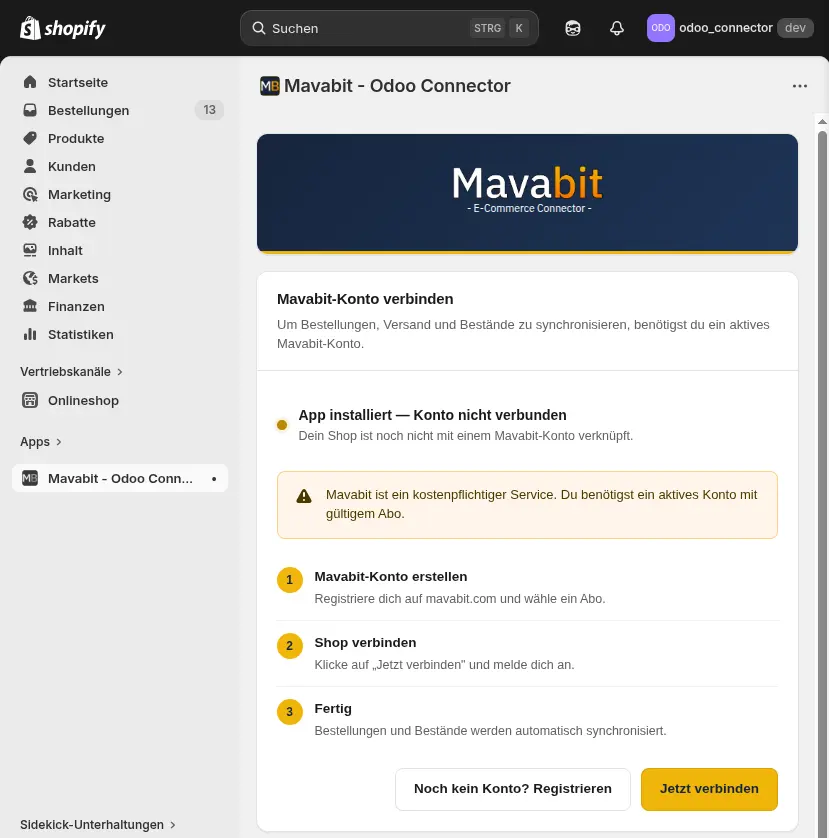 Screenshot von der Shpify App, wenn kein Konto vernunden ist