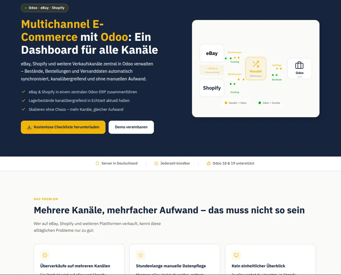 Landingpage Odoo Multichannel eBay Shopify und Mehr aufzeigen wie alle Shops miteinander arbeiten und den größten Mehrwert liefern.